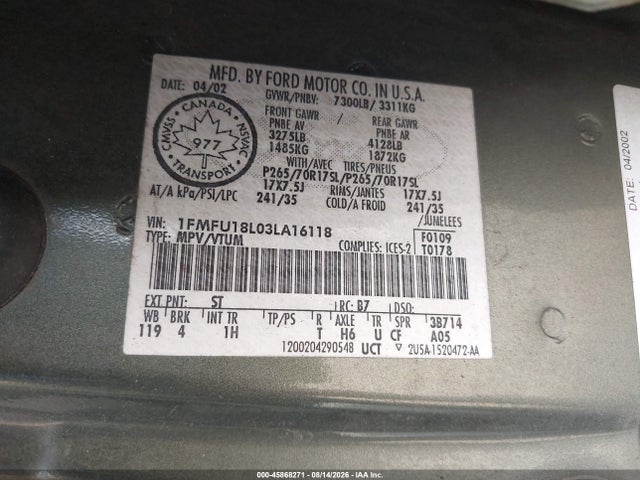 Продаж на аукціоні авто 2003 Ford Expedition Eddie Bauer, vin: 1FMFU18L03LA16118, номер лоту: 45868271