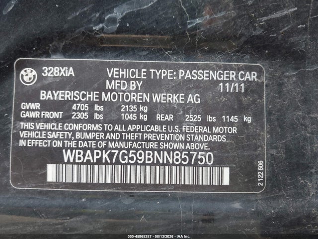 45868287 :رقم المزاد ، WBAPK7G59BNN85750 vin ، 2011 Bmw 328i Xdrive مزاد بيع