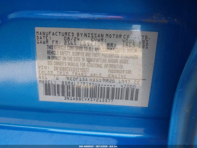 Продажа на аукционе авто 2025 Nissan Sentra Sv, vin: 3N1AB8CVXSY215577, номер лота: 45868307