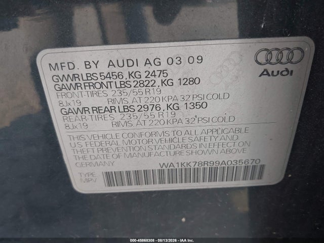 2009 Audi Q5 3.2 Premium მანქანა იყიდება აუქციონზე, vin: WA1KK78R99A035670, აუქციონის ნომერი: 45868308