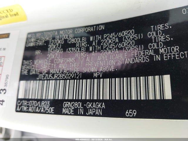 45868322 :رقم المزاد ، JTEZU5JR2B5029121 vin ، 2011 Toyota 4runner Limited V6 مزاد بيع