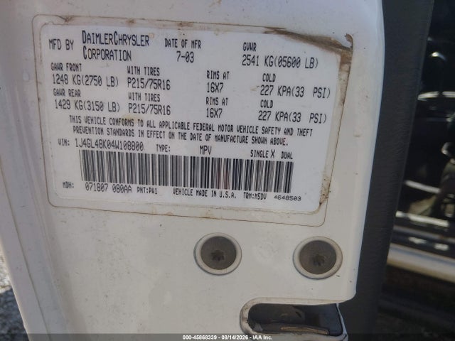 Aukcja sprzedaży 2004 Jeep Liberty Sport, vin: 1J4GL48K04W108800, numer aukcji: 45868339