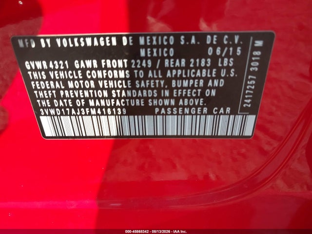 2015 Volkswagen Jetta 1.8t Sport მანქანა იყიდება აუქციონზე, vin: 3VWD17AJ3FM416139, აუქციონის ნომერი: 45868342