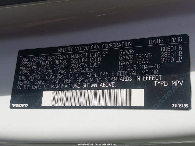 Aukcja sprzedaży 2016 Volvo Xc90 T6 Inscription, vin: YV4A22PL6G1063941, numer aukcji: 45868353