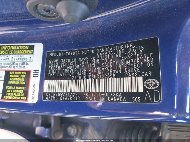 Продаж на аукціоні авто 2015 Toyota Corolla S Premium, vin: 2T1BURHE6FC422998, номер лоту: 45868356