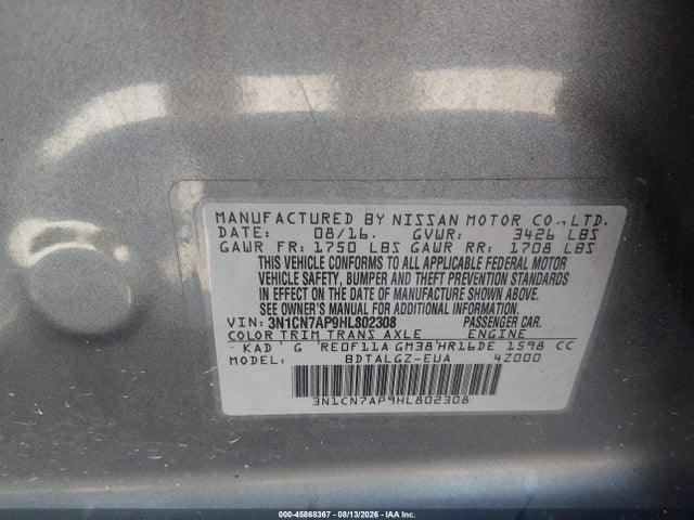 Aukcja sprzedaży 2017 Nissan Versa 1.6 Sl, vin: 3N1CN7AP9HL802308, numer aukcji: 45868367