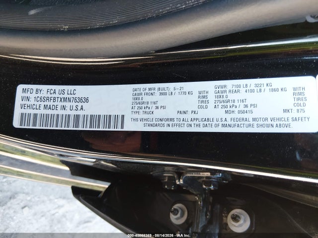Aukcja sprzedaży 2021 Ram 1500 Big Horn  4x4 6'4 Box, vin: 1C6SRFBTXMN763636, numer aukcji: 45868369