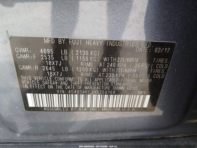 Subaru Outback 2.5i Limited 2017 4S4BSAKC3H3359168 Image 9