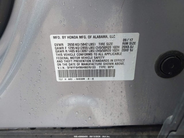 Aukcja sprzedaży 2017 Honda Pilot Touring, vin: 5FNYF6H96HB076133, numer aukcji: 45868405