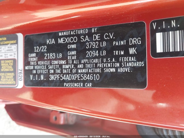 Aukcja sprzedaży 2023 Kia Forte Gt-line, vin: 3KPF54ADXPE584610, numer aukcji: 45868409