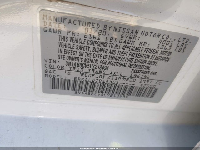 Продажа на аукционе авто 2020 Nissan Sentra Sv Xtronic Cvt, vin: 3N1AB8CV5LY213494, номер лота: 45868430