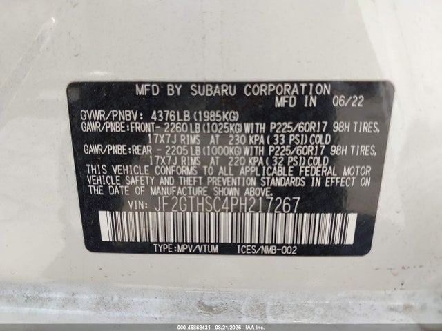 Aukcja sprzedaży 2023 Subaru Crosstrek Sport, vin: JF2GTHSC4PH217267, numer aukcji: 45868431