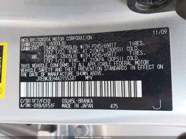Aukcja sprzedaży 2010 Toyota Highlander Base V6, vin: JTEBK3EH4A2155347, numer aukcji: 45868443