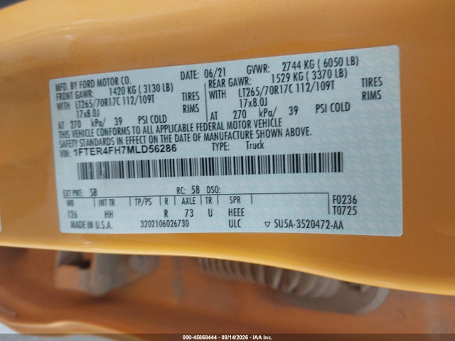Продажа на аукционе авто 2021 Ford Ranger Lariat, vin: 1FTER4FH7MLD56286, номер лота: 45868444