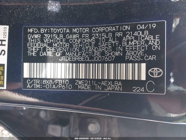 JTDEBRBE0LJ007607 Toyota Corolla Hybrid Le