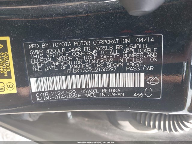 Aukcja sprzedaży 2014 Lexus Es 350, vin: JTHBK1GG9E2130297, numer aukcji: 45868460