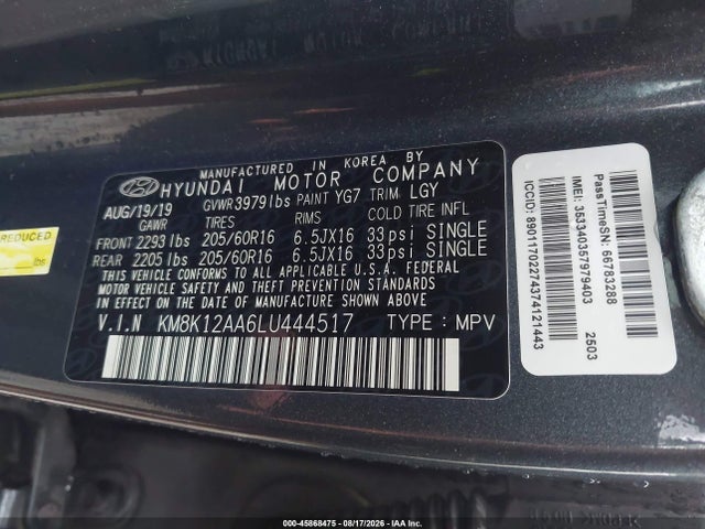 Aukcja sprzedaży 2020 Hyundai Kona Se, vin: KM8K12AA6LU444517, numer aukcji: 45868475