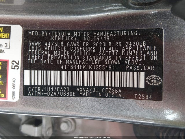 Aukcja sprzedaży 2019 Toyota Camry Se, vin: 4T1B11HK1KU255491, numer aukcji: 45868477