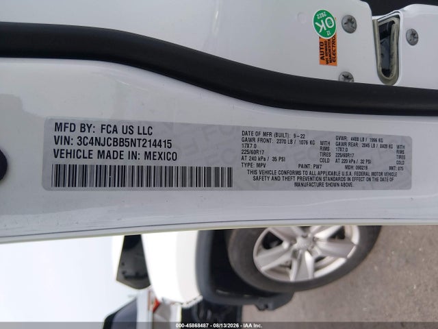 Продажа на аукционе авто 2022 Jeep Compass Latitude Fwd, vin: 3C4NJCBB5NT214415, номер лота: 45868487