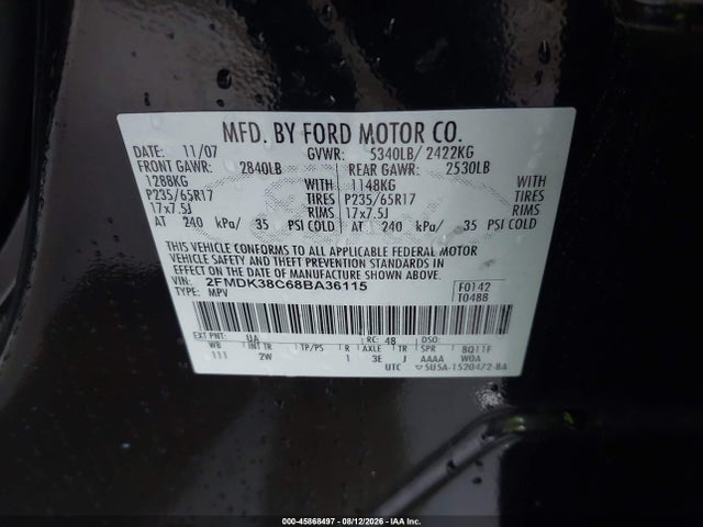 45868497 :رقم المزاد ، 2FMDK38C68BA36115 vin ، 2008 Ford Edge Sel مزاد بيع