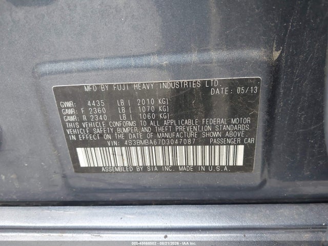 2013 Subaru Legacy 2.5i მანქანა იყიდება აუქციონზე, vin: 4S3BMBA67D3047087, აუქციონის ნომერი: 45868502