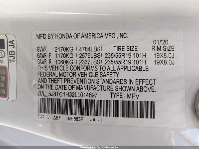2020 Acura Rdx Standard მანქანა იყიდება აუქციონზე, vin: 5J8TC1H32LL014897, აუქციონის ნომერი: 45868506