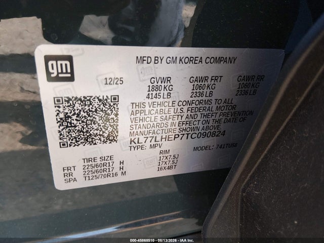 2026 Chevrolet Trax Fwd Lt მანქანა იყიდება აუქციონზე, vin: KL77LHEP7TC090824, აუქციონის ნომერი: 45868510