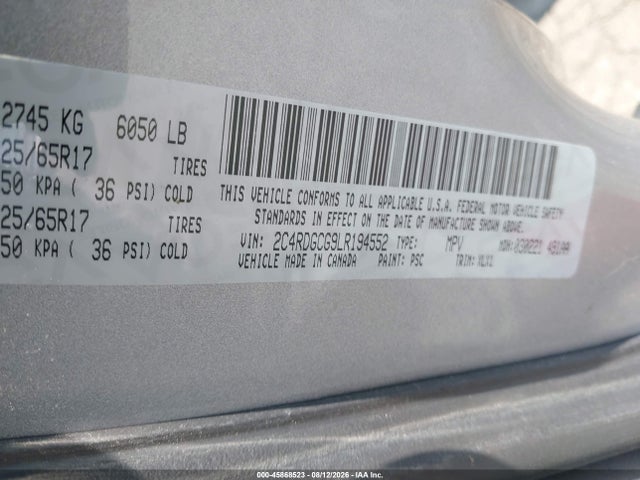 2020 Dodge Grand Caravan Sxt მანქანა იყიდება აუქციონზე, vin: 2C4RDGCG9LR194552, აუქციონის ნომერი: 45868523