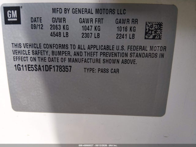 2013 Chevrolet Malibu 2lt მანქანა იყიდება აუქციონზე, vin: 1G11E5SA1DF178357, აუქციონის ნომერი: 45868527