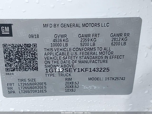 Продаж на аукціоні авто 2019 Gmc Sierra 2500hd Denali, vin: 1GT12SEY1KF143225, номер лоту: 45868539