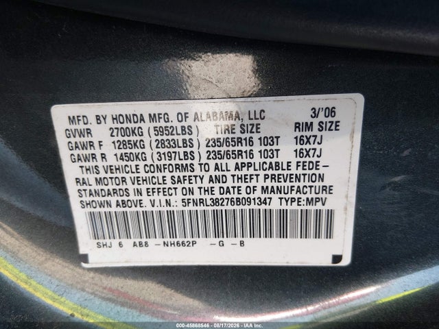 Продаж на аукціоні авто 2006 Honda Odyssey Lx, vin: 5FNRL38276B091347, номер лоту: 45868546