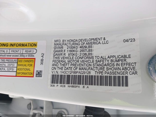 2023 Honda Accord Hybrid Touring მანქანა იყიდება აუქციონზე, vin: 1HGCY2F89PA029128, აუქციონის ნომერი: 45868567