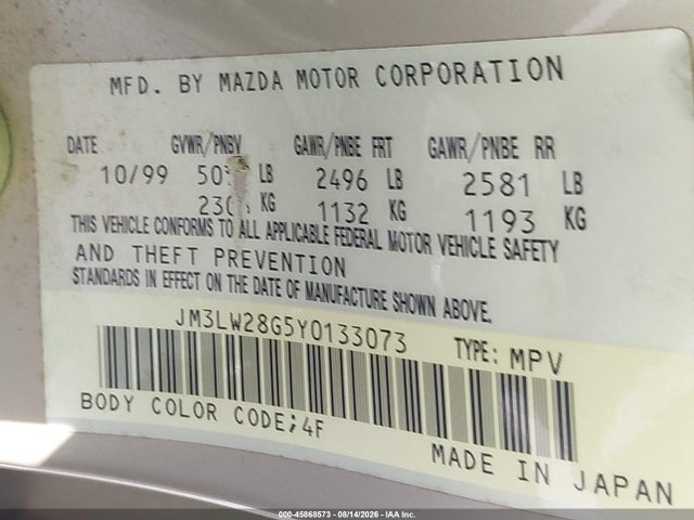 Продаж на аукціоні авто 2000 Mazda Mpv Dx/es/lx, vin: JM3LW28G5Y0133073, номер лоту: 45868573
