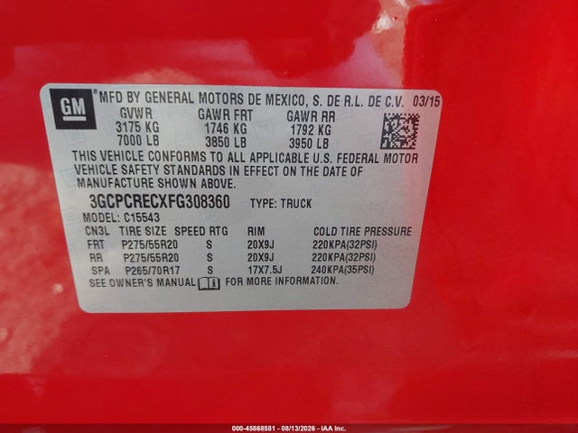 Aukcja sprzedaży 2015 Chevrolet Silverado 1500 1lt, vin: 3GCPCRECXFG308360, numer aukcji: 45868581
