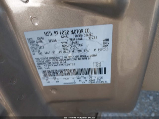 Продажа на аукционе авто 2006 Ford F-150 Fx4/lariat/xl/xlt, vin: 1FTPX145X6NB29753, номер лота: 45868594
