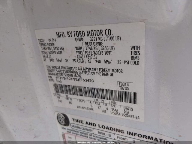 2014 Ford F-150 Xlt მანქანა იყიდება აუქციონზე, vin: 1FTFW1CF9EKF53420, აუქციონის ნომერი: 45868597