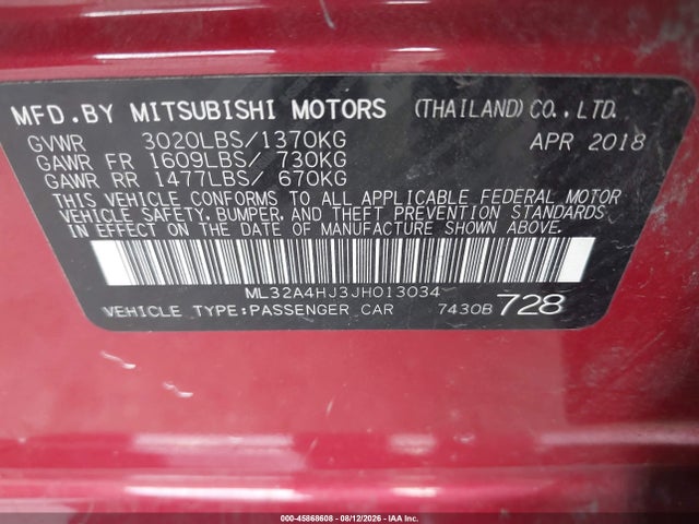 Aukcja sprzedaży 2018 Mitsubishi Mirage Se, vin: ML32A4HJ3JH013034, numer aukcji: 45868608
