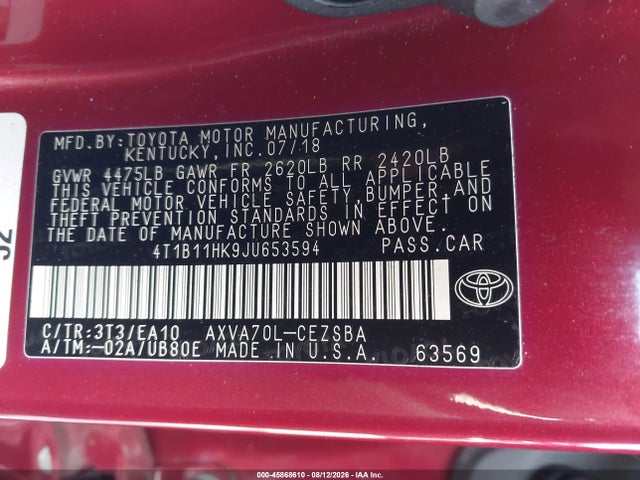 4T1B11HK9JU653594 Toyota CAMRY SE