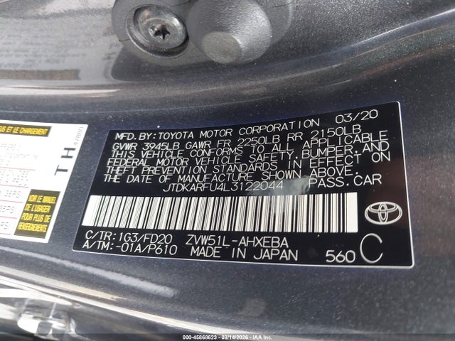Продаж на аукціоні авто 2020 Toyota Prius Le, vin: JTDKARFU4L3122044, номер лоту: 45868623