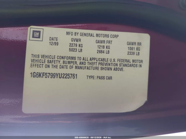 Продаж на аукціоні авто 2000 Cadillac Deville Dts, vin: 1G6KF5799YU225761, номер лоту: 45868628