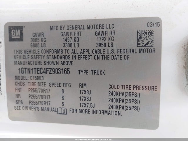 45868630 :رقم المزاد ، 1GTN1TEC4FZ903165 vin ، 2015 Gmc Sierra 1500 مزاد بيع