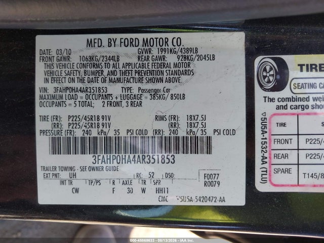 Продажа на аукционе авто 2010 Ford Fusion Se, vin: 3FAHP0HA4AR351853, номер лота: 45868633