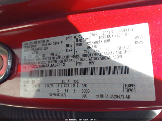 Продаж на аукціоні авто 2025 Ford Escape St-line, vin: 1FMCU9MN0SUA87112, номер лоту: 45868642