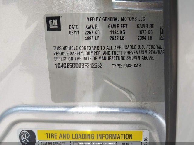 Продажа на аукционе авто 2011 Buick Lacrosse Cxs, vin: 1G4GE5GD0BF312532, номер лота: 45868651