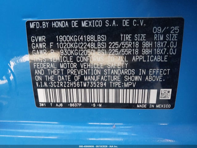 Aukcja sprzedaży 2026 Honda Hr-v Awd Sport, vin: 3CZRZ2H56TM735294, numer aukcji: 45868656