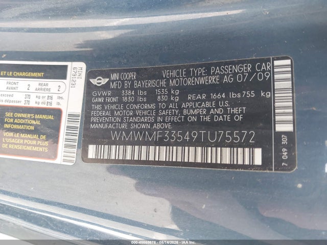45868678 :رقم المزاد ، WMWMF33549TU75572 vin ، 2009 Mini Cooper مزاد بيع
