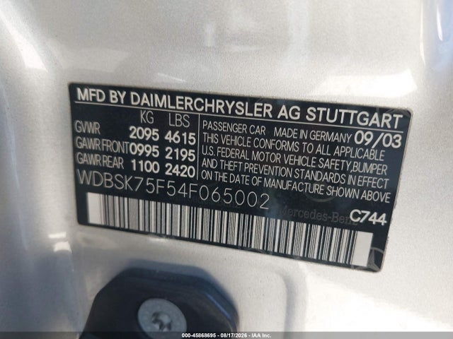 Продажа на аукционе авто 2004 Mercedes-benz Sl 500, vin: WDBSK75F54F065002, номер лота: 45868695