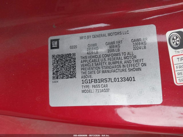 Продаж на аукціоні авто 2020 Chevrolet Camaro Rwd  1lt, vin: 1G1FB1RS7L0133401, номер лоту: 45868696