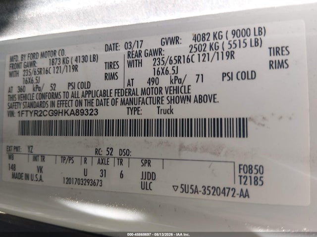 Продажа на аукционе авто 2017 Ford Transit-250, vin: 1FTYR2CG9HKA89323, номер лота: 45868697