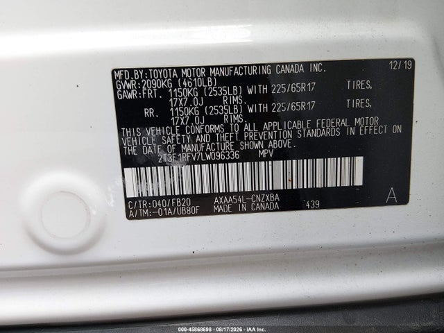45868698 :رقم المزاد ، 2T3F1RFV7LW096336 vin ، 2020 Toyota Rav4 Le مزاد بيع